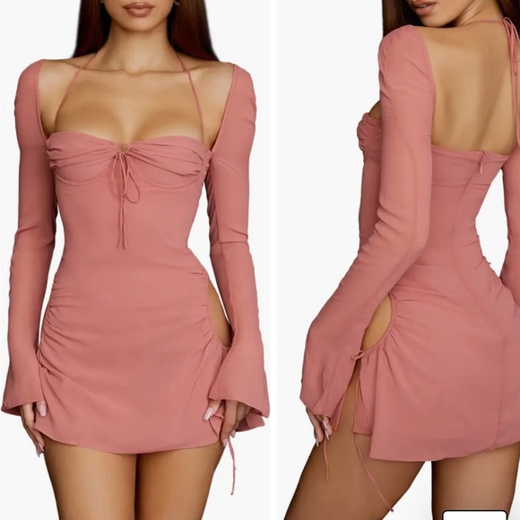 Small baby halter long sleeve mini pink dress- house of cb d u p e - Picture 3 of 4
